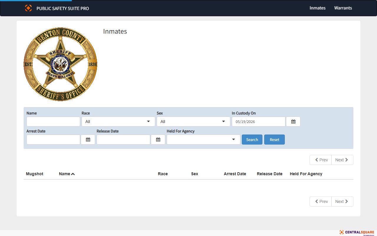 Benton County Sheriff's Zuercher inmate roster search interface