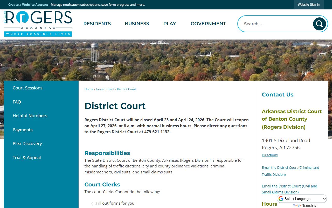 Rogers District Court Benton County Rogers Division official traffic page
