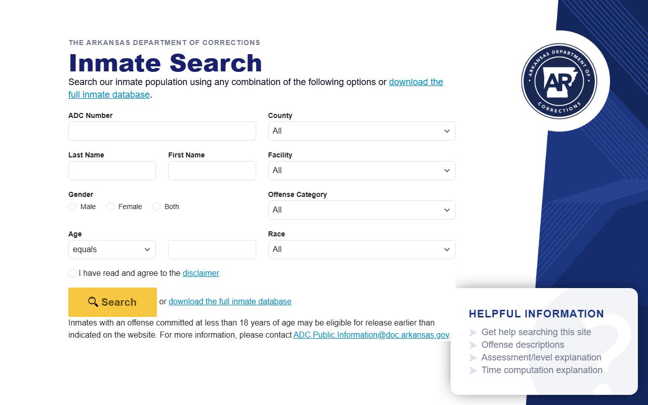 Arkansas Department of Corrections inmate search page covering state-sentenced inmates from Benton County