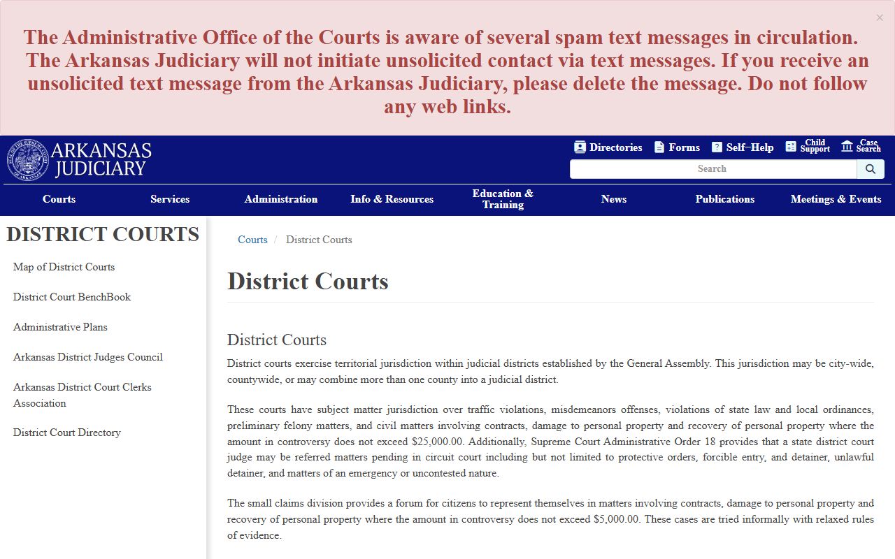 Arkansas Judiciary district courts page covering Benton County traffic, misdemeanor, ordinance, and small claims jurisdiction