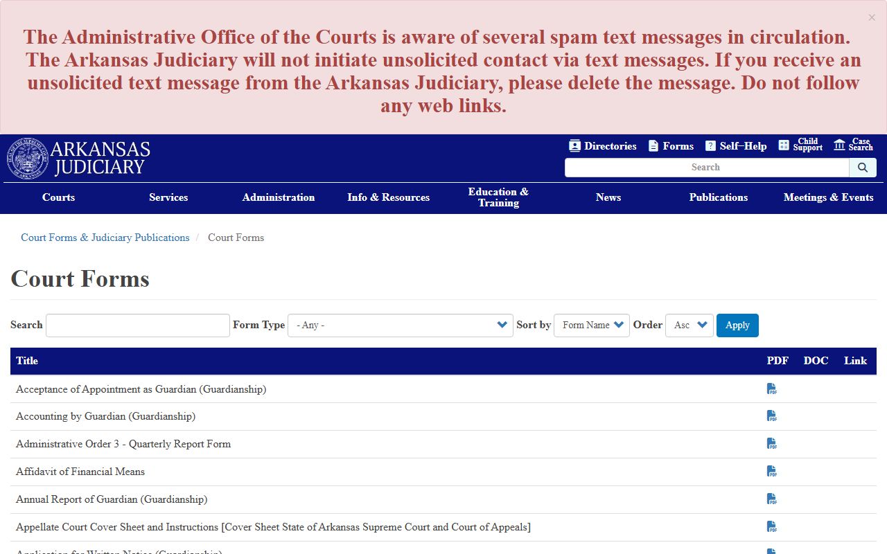 Arkansas Judiciary court forms page including divorce and domestic relations templates used in Benton County