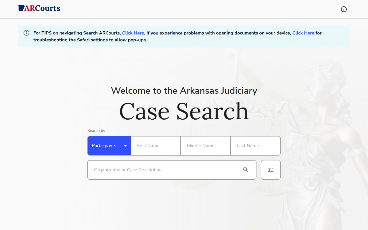Arkansas Judiciary Case Search page used to look up Benton County court records