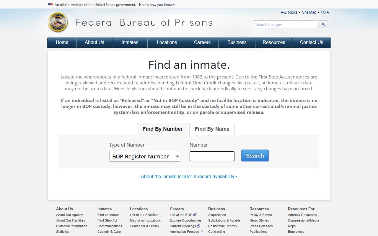 Federal Bureau of Prisons inmate locator search page for federal custody covering Benton County cases